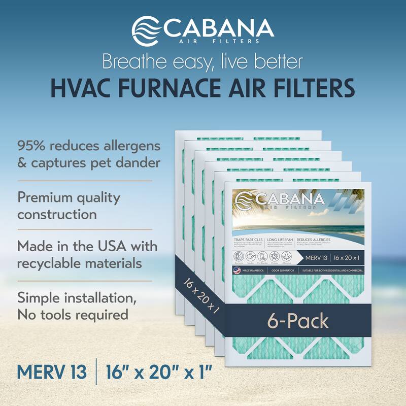 Cabana Air Filters 6 Pack HVAC Furnace Air Filters, MERV 13, 16 x 20 x 1, White - 0.68