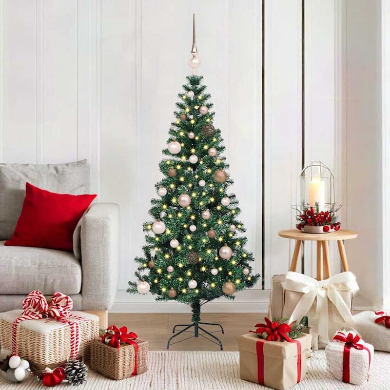 vidaXL Christmas Tree with Decorative String Lights - Black with LEDs and white/grey balls - 6 Foot