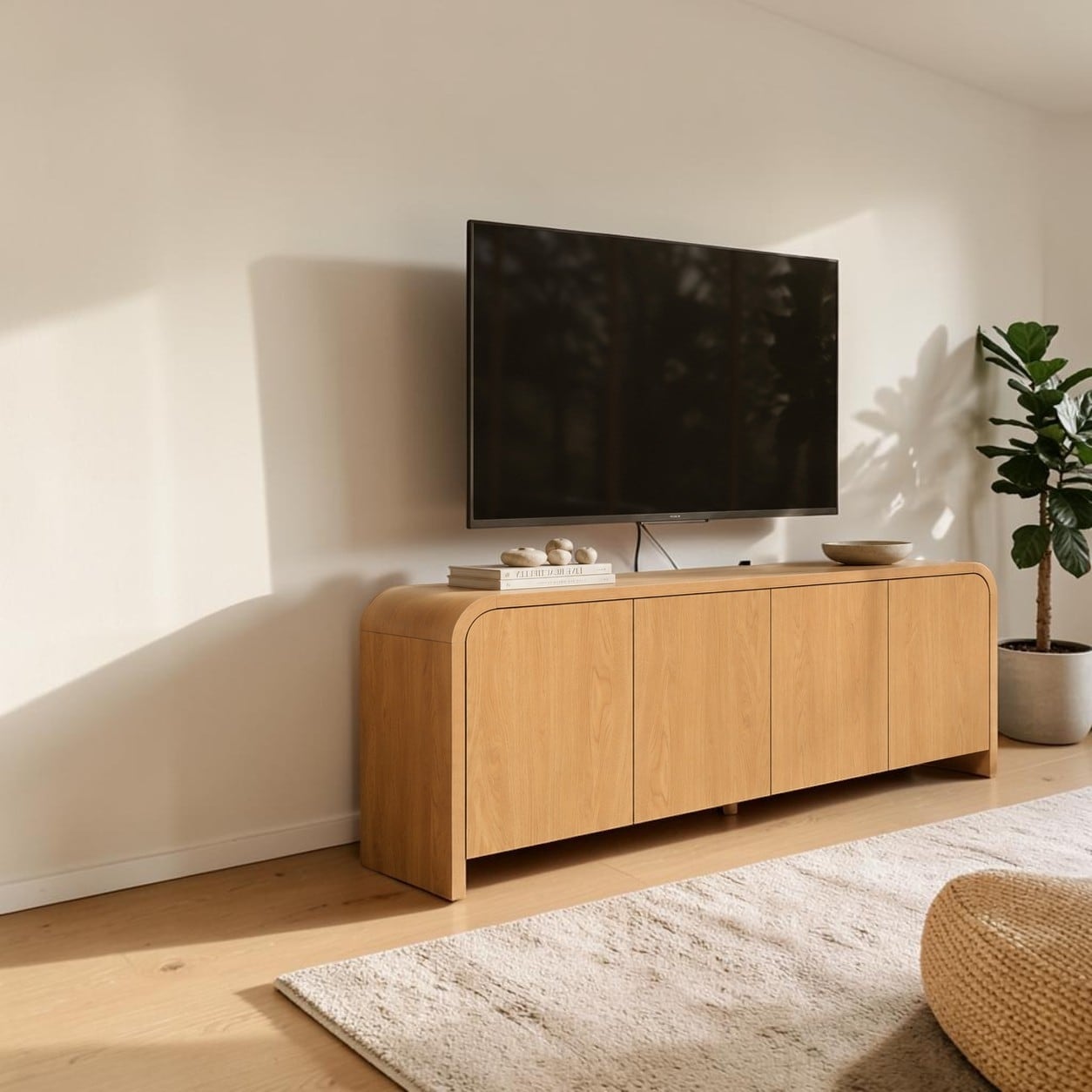 65.7" Farmhouse TV Stand for TVs up to 70", Wood Grain Media Console with Adjustable Shelves