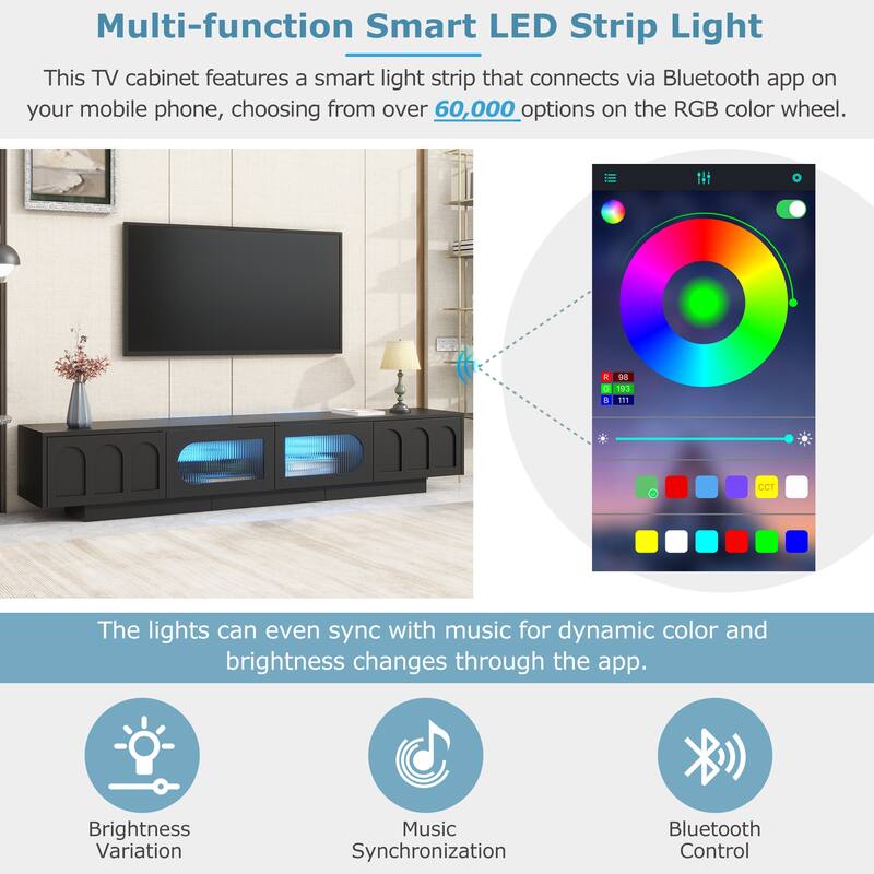 Functional TV Stand with Geometric Fluted Glass Doors, APP-Controlled LED Lighting for TVs Up to 95", Storage Cabinet & Drawers