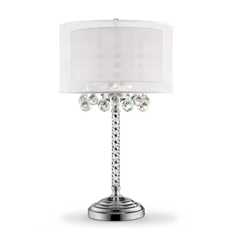 HomeRoots Silver Metal And Faux Crystal Three Light Table Lamp With White Drum Shade - Large