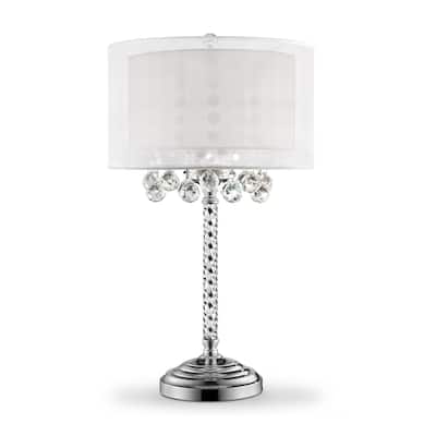 HomeRoots Silver Metal And Faux Crystal Three Light Table Lamp With White Drum Shade - Large