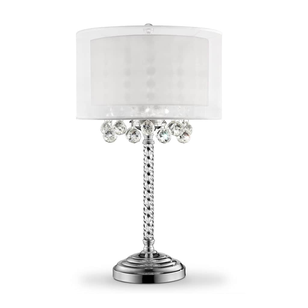 HomeRoots Silver Metal And Faux Crystal Three Light Table Lamp With White Drum Shade - Large