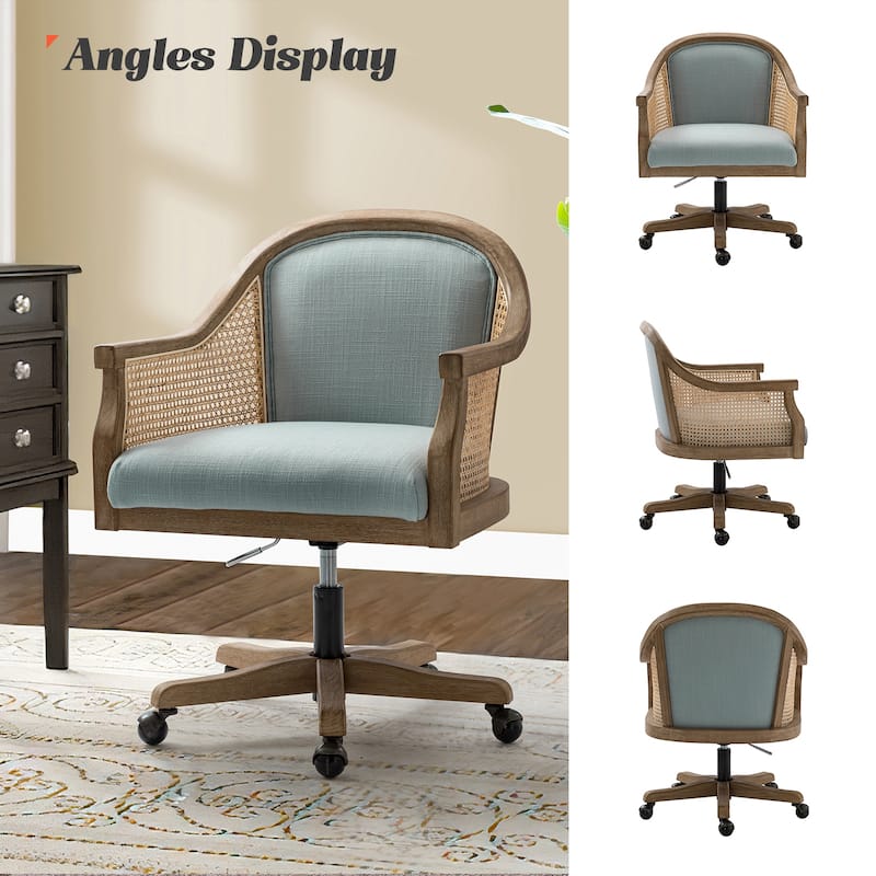 Danilo Farmhouse 360 Degree Swivel Height Adjustable Rattan Desk Chair with RubberWood by HULALA HOME