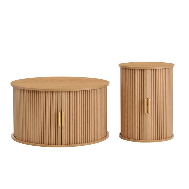 Mid Century Modern 74.8" TV Stand & Coffee Table Set for TVs up to 75", Wooden Media Console with Fluted Sliding Doors