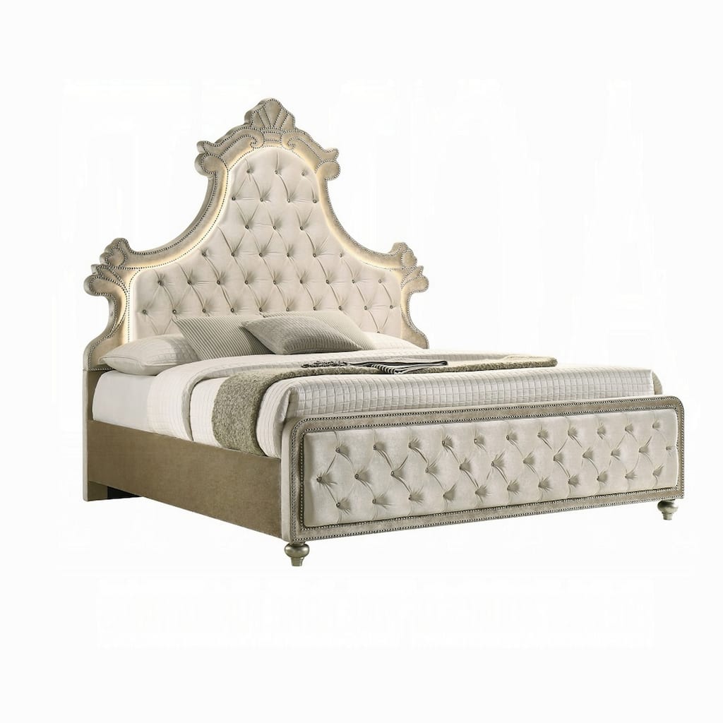 Willa King Size Bed, LED Lights, Beige Velvet Upholstery, Brown Wood