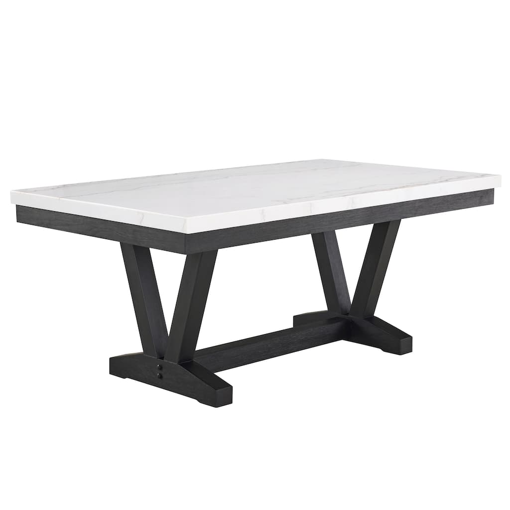 1pc Transitional Modern Formal Dining Table White Genuine Marble Rectangular Table Top Trestle Base Black Finish Legs Wo