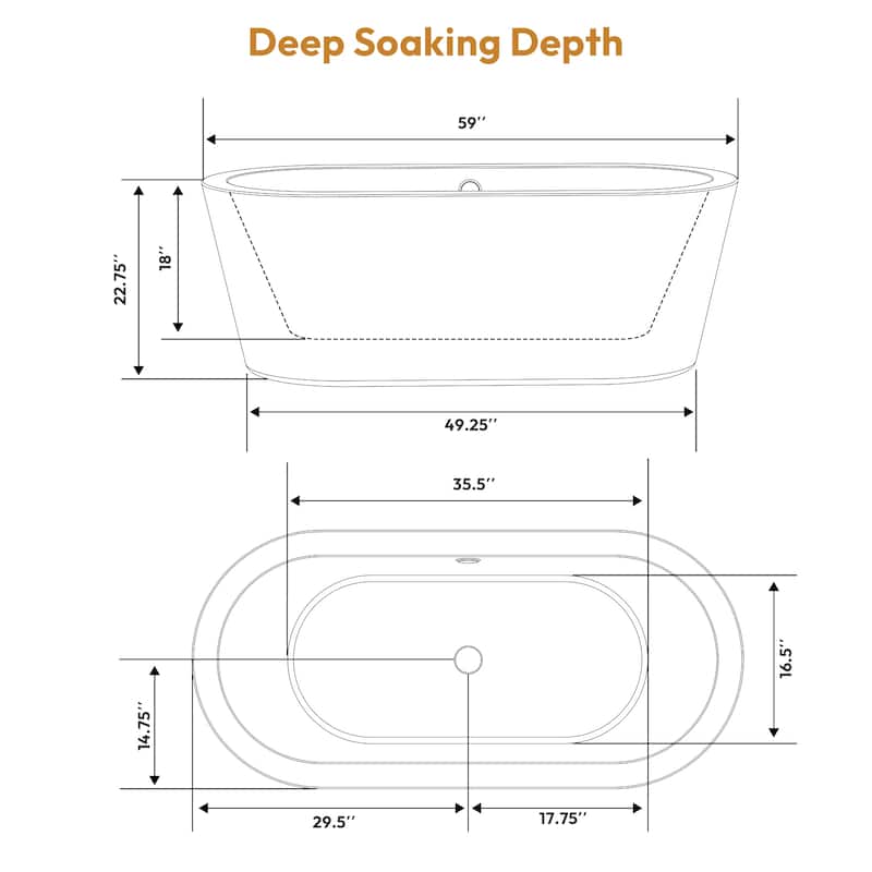 Empava 59 in. x 31.5 in. Freestanding Flat Bottom Bath Tub Oval Soaking Bathtub with Center Drain in White