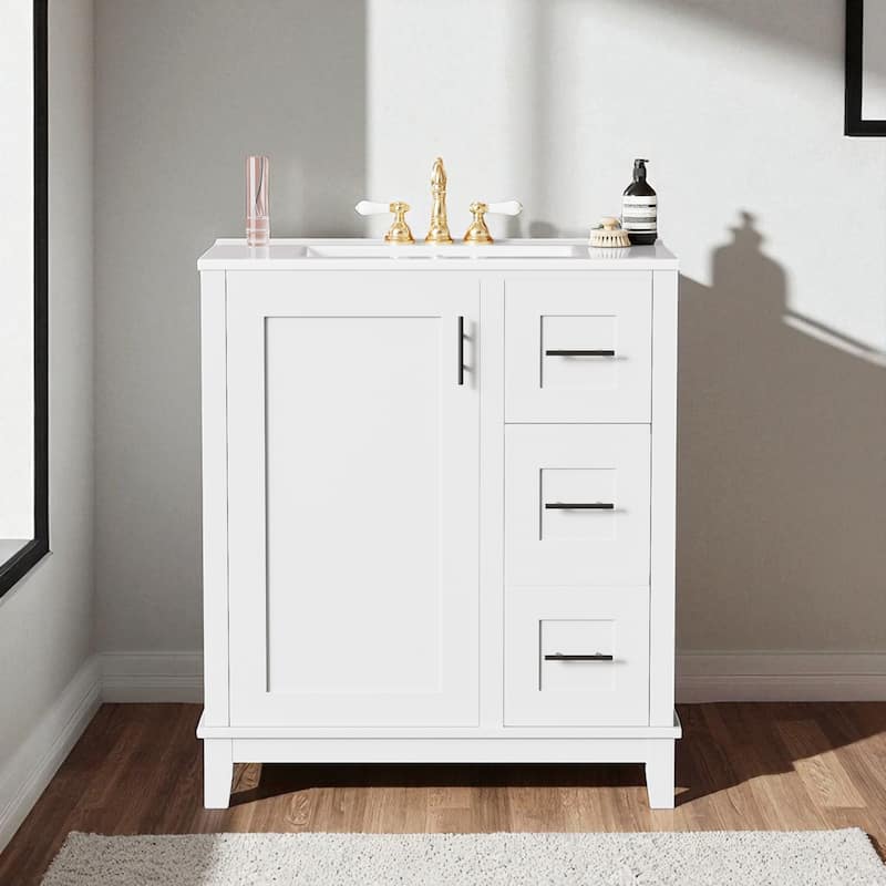 30" Bathroom Vanity with Ceramic Sink, Soft-Close Door, 3 Drawers, Rubberwood Frame, MDF Panels - White