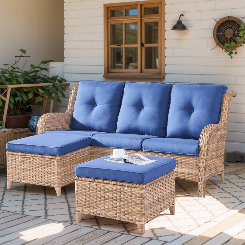 Outdoor 3-Piece Wicker Sofa Set with Ottoman - Yellow - Blue