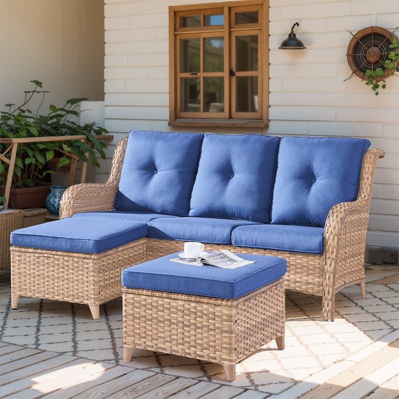 Gymojoy Patio Wicker 3-Seat Sofa with Ottoman - Yellow - Blue