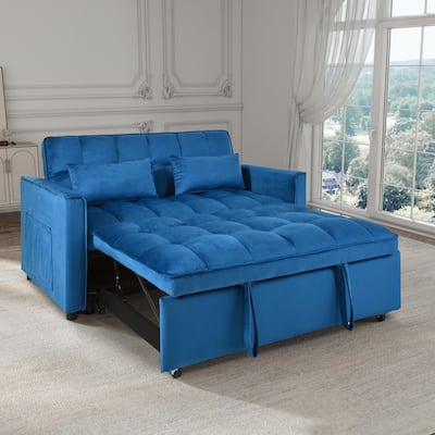 Futon 3 in 1 Convertible Sleeper Sofa Bed, Velvet Loveseat with Adjustable Back, Lounge Sofa with Pockets and Toss Pillows