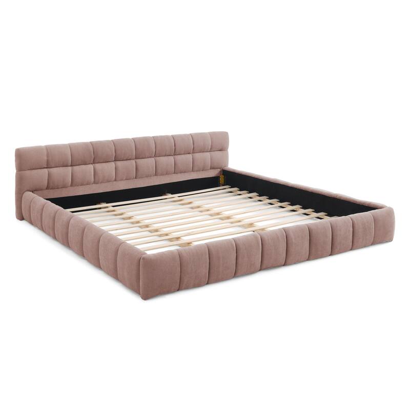 King Size Upholstered Floor Bed Frame with Thick Headboard, Chenille Fabric King Platform Bed w/Solid Frame, Wood Slats Support