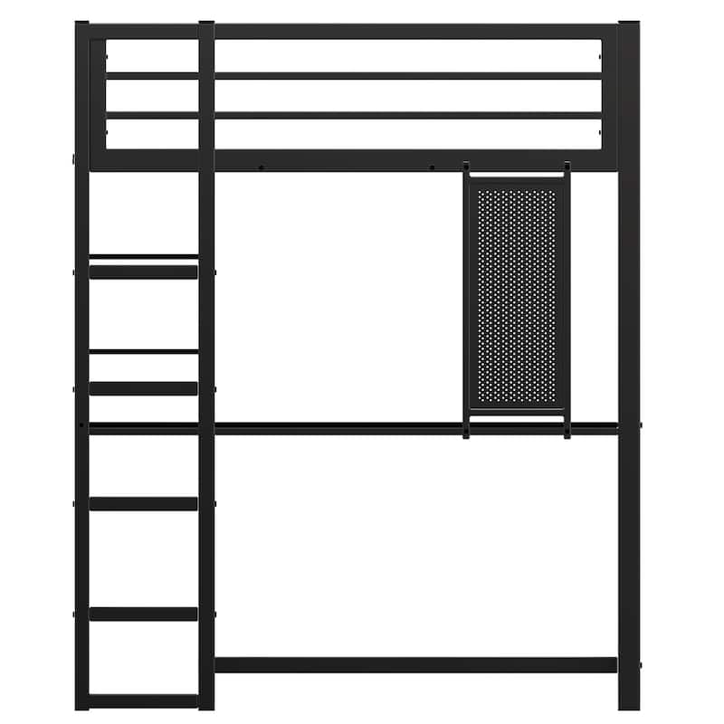 Full Size Loft Bed Frame with Desk and Triangular Shelves