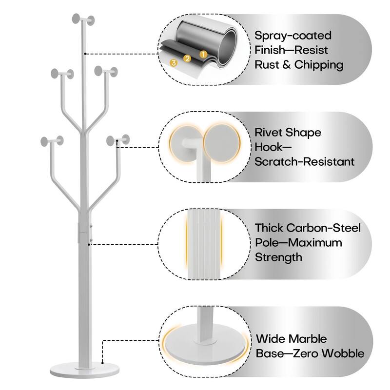 Freestanding Metal Coat Rack with 10 Hooks and Heavy Duty Marble Base - 68.1"H x 18.5"W(top) x 13.2"Dia(base)