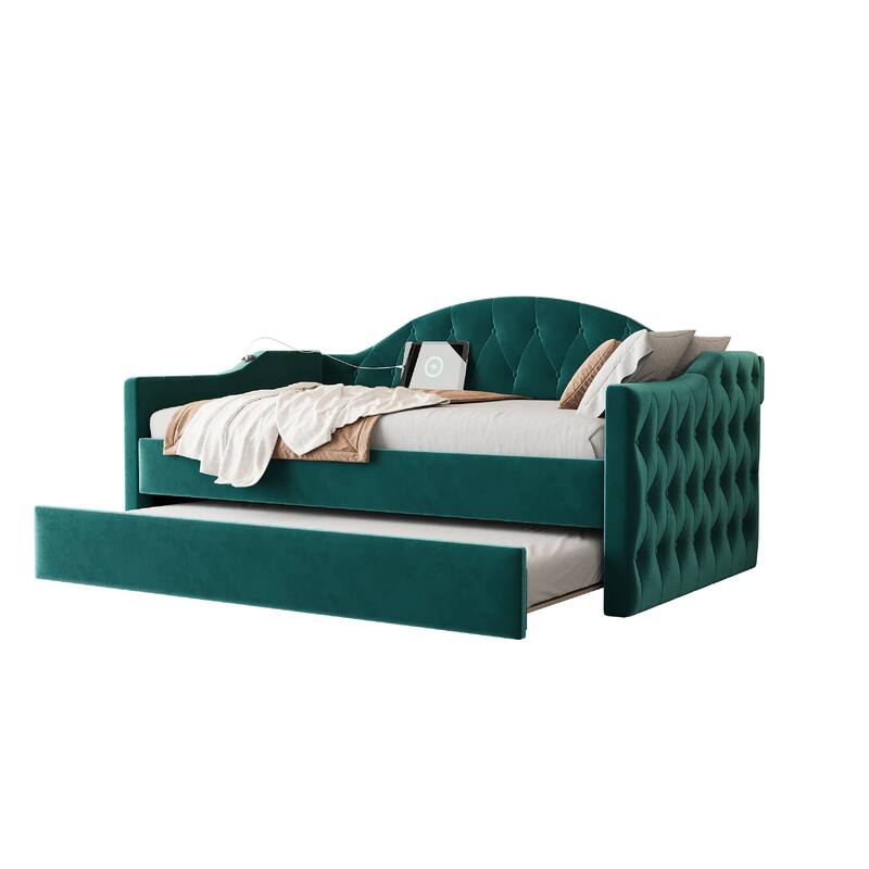 Upholstered Daybed with Trundle ,with USB&Type-C Charging Ports