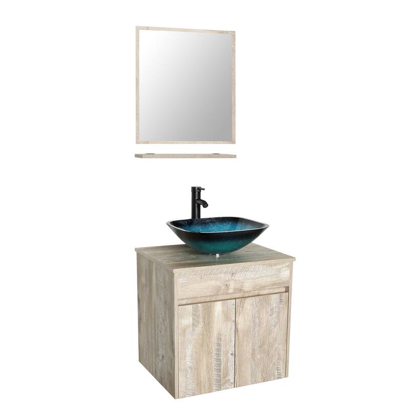24" Bathroom Vanity Set Tempered Glass/ Ceramics Sink Combo Wall Mounted Natural Cabinet Faucet Drain Mirror