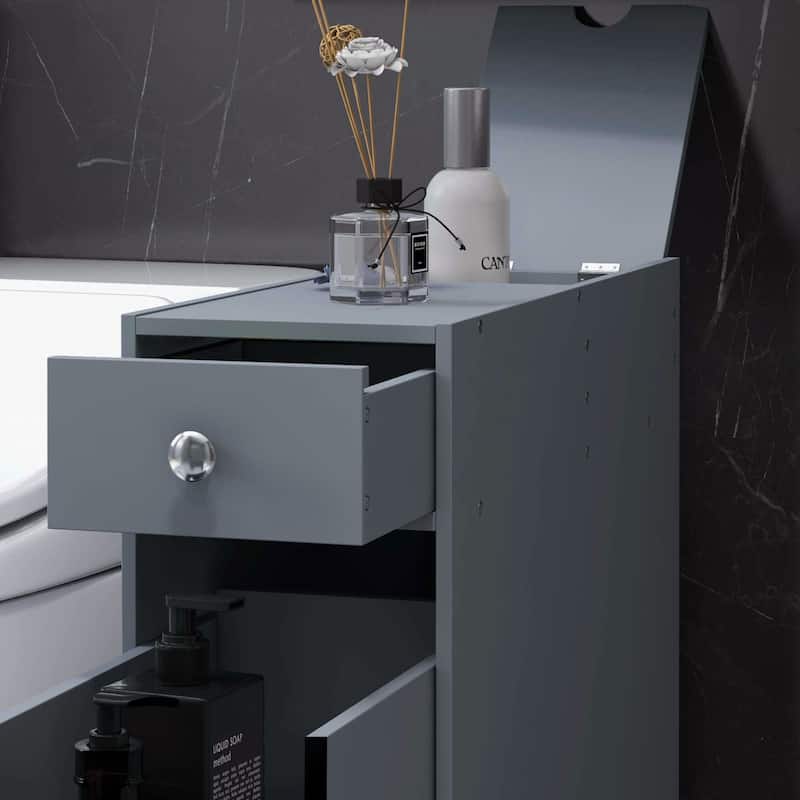 HOMCOM Gray Bathroom Floor Organizer Free Standing Space Saving Narrow Storage Cabinet Bath Toilet Paper Holder with Drawers