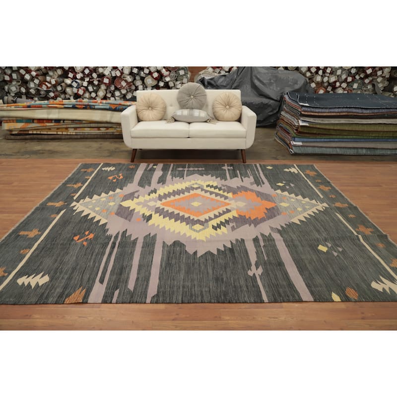 Hand Woven Oriental 100% Wool Carpet Southwestern Tribal Greys & Charcoal Kilim Area Rug - 9' 6'' X 7' 11''