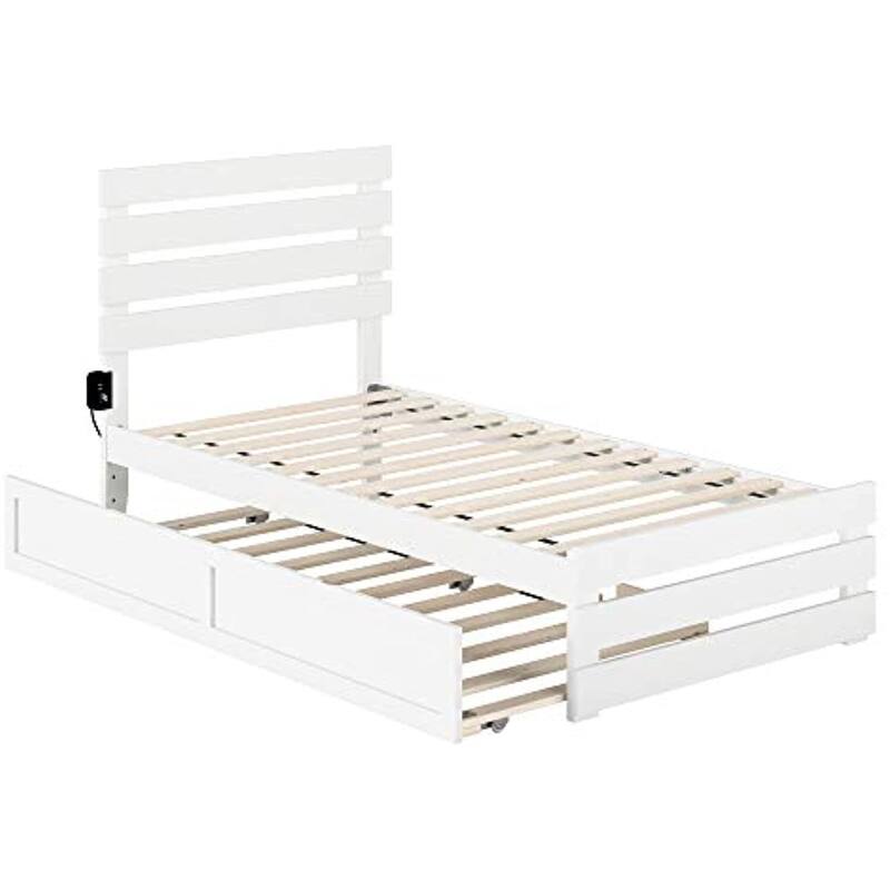 Twin Bed with Trundle & USB Charger - French Country Style Bed Frame - White Finish