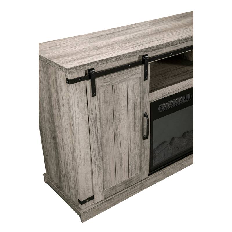 54 in. Antique Gray Oak Sliding Doors TV Stand for TVs up to 60 in. with Electric Fireplace