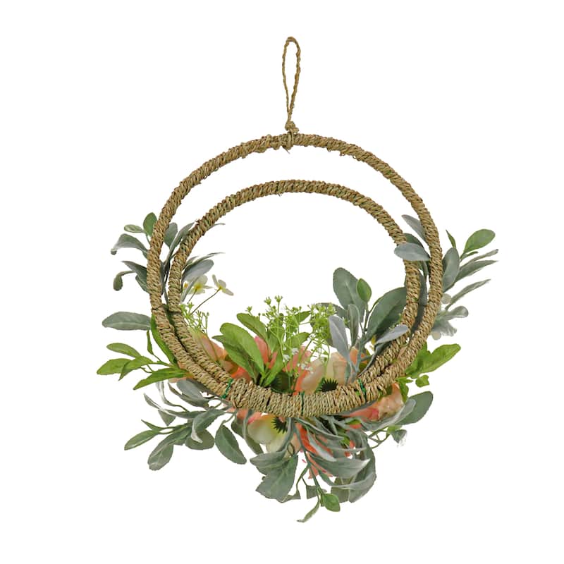 National Tree Company 18 inch Artificial Spring Double Hoop Wreath with Peony, Rose, and Lamb's Ear Flower Blooms