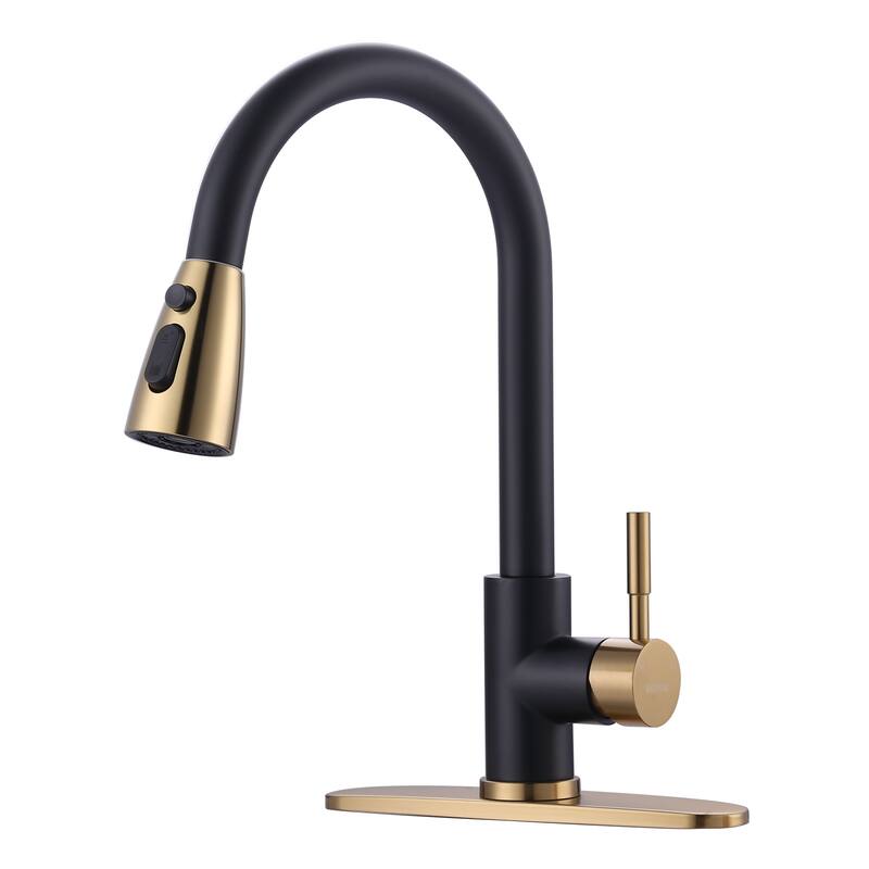 WOWOW 3-Function Pull down Sprayer Kitchen Faucet with Deckplate - Without Soap Dispenser - Gold and Black