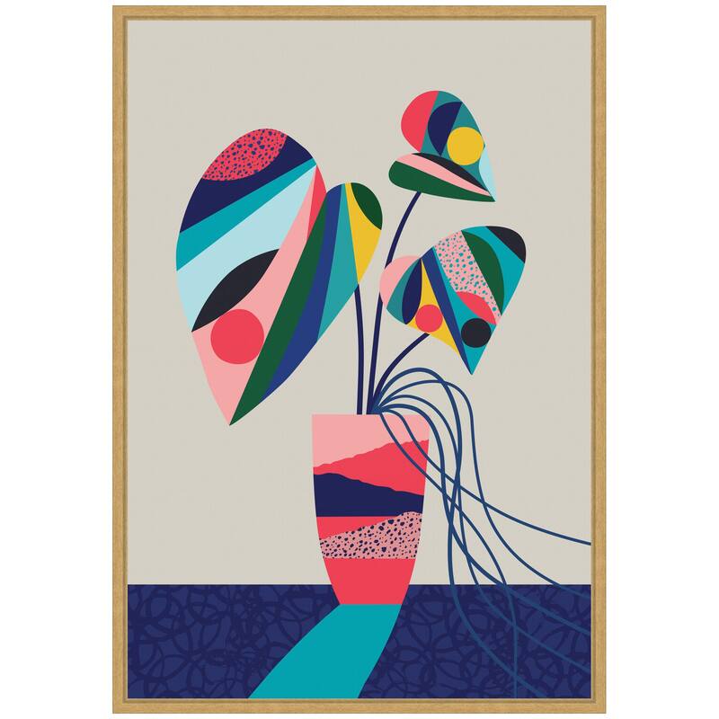 Kate and Laurel Sylvie MCM Blue and Pink Monstera Framed Canvas by Rachel Lee
