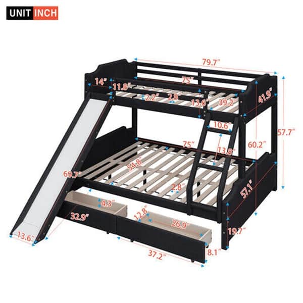 Twin Over Full Bunk Bed Slide Storage Drawer Velvet Platform Black ...