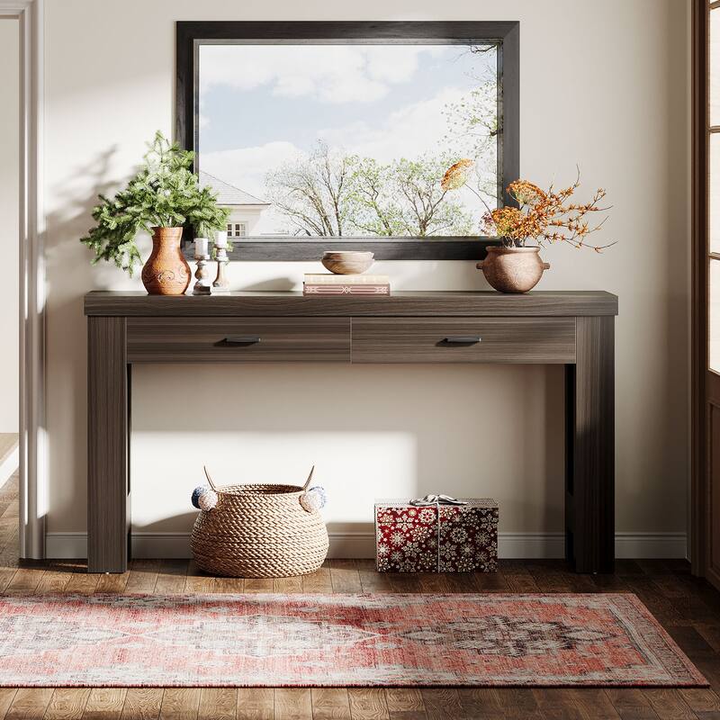 63 Inches Brown Wooden Entryway Table with 2 Drawers, Farmhouse Console Table for Hallway