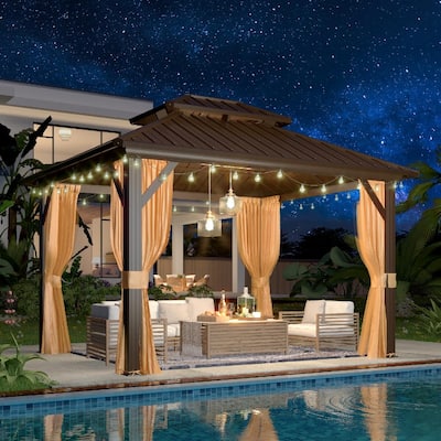 Outdoor Hardtop Gazebo w Galvanized Steel Double Roof & Aluminum Frame, 10'x12' Pergola with Premium Curtains and Nettings