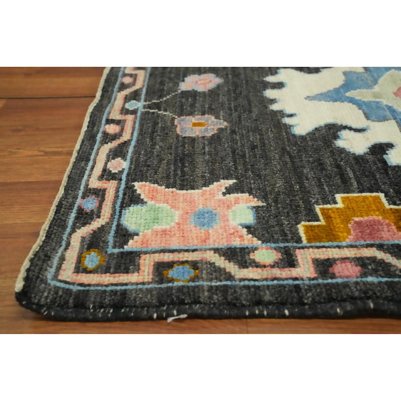 Black Floral Oushak Vegetable Dye Runner Rug, Floral Geometric Carpet - 9' 9'' X 2' 10''
