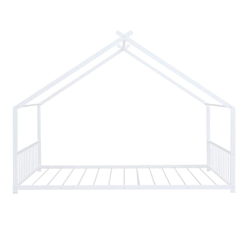 Metal House Bed with Roof, Fence, and Back