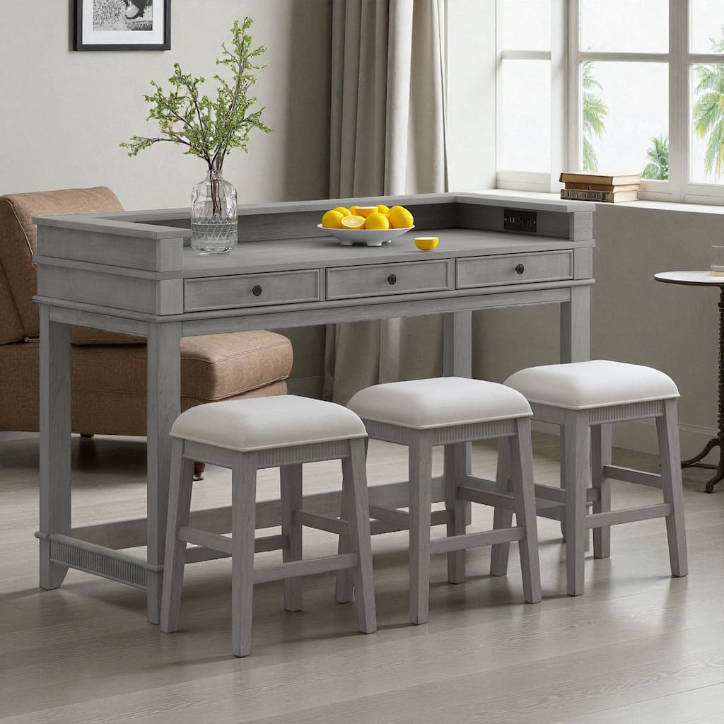 4-Piece Bar Table Dining Set for 3, 53" High Table with 3 Storage Drawers, USB Ports & 3 Upholstered Stools