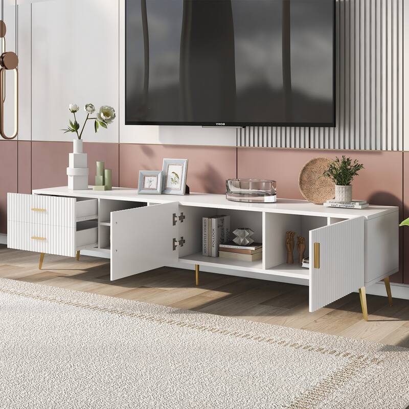 White Modern TV Stand with Ample Storage, Sleek Design, and Durable