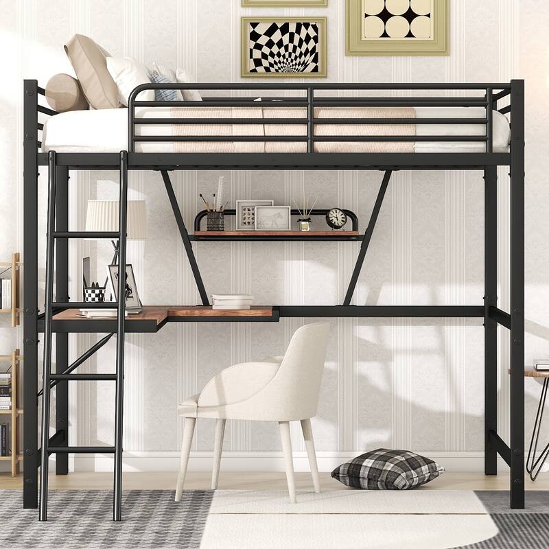 Black Metal Loft Bed with Integrated Desk, Shelf, and Full-Length Guardrail