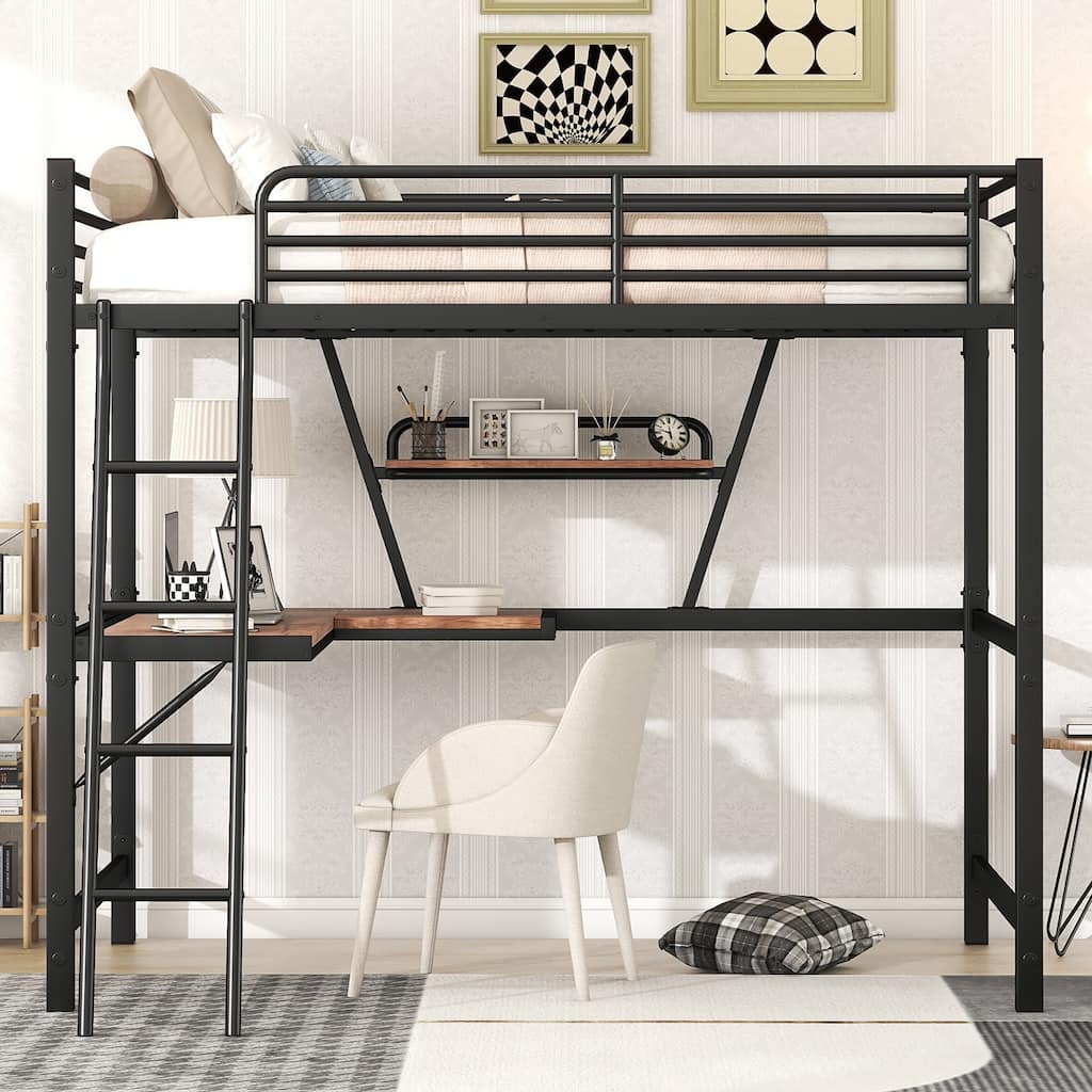 Full Size High Loft Bed with Desk & Shelf for Kids, Teens, Adults, Metal Bedframe with Ladder & Guardrail, No Box Spring Needed