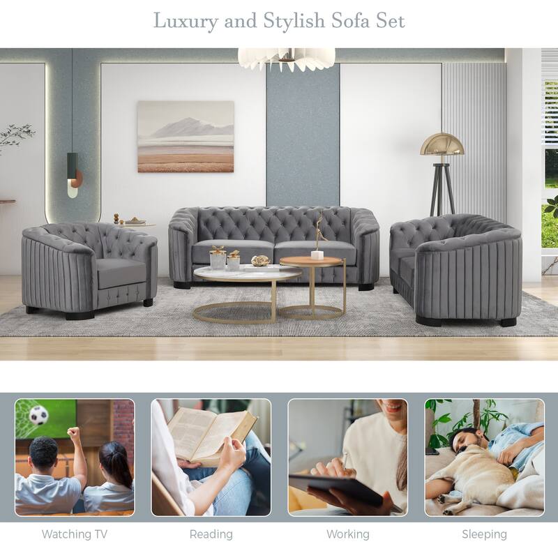 3-Pieces 6-Seat Velvet Sofa Set (3+2+1) with Rubber Wood Legs & Tufted Back