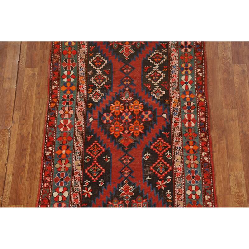 Hand Knotted Oriental 100% Wool Carpet Traditional Tribal Brown Kazak Runner Rug - 12' 6'' X 3' 4''