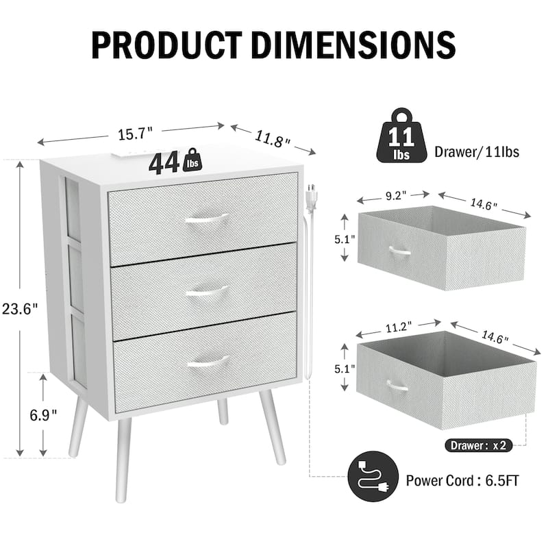 2 Pack Modern LED Nightstand with Charging Station and Fabric Drawers