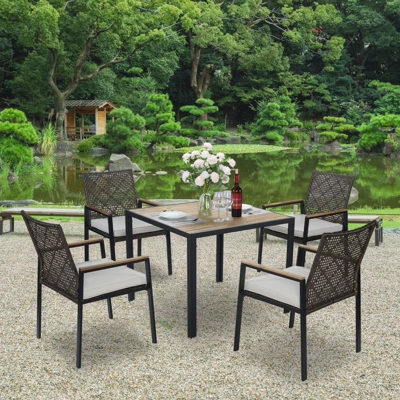 All Weather 5-Piece Patio Dining Table Sets, Patio Conversation Set Acacia Wood Table Top with Umbrella Hole, Rattan Outdoor
