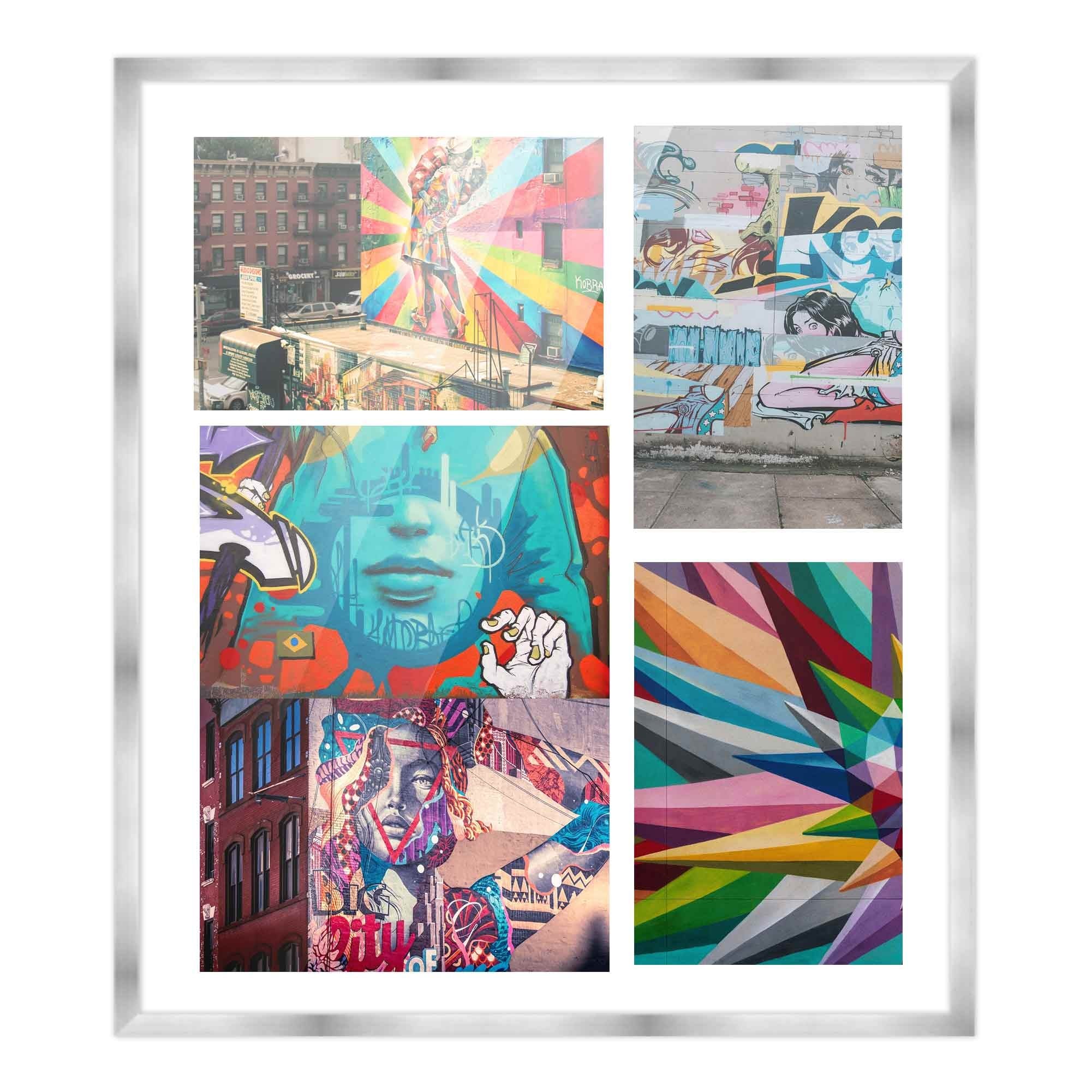 Stainless Steel Silver Wood Finish Collage Frame - White Mat UV Acrylic Wall Hanging Hardware Vertical or Horizontal Display