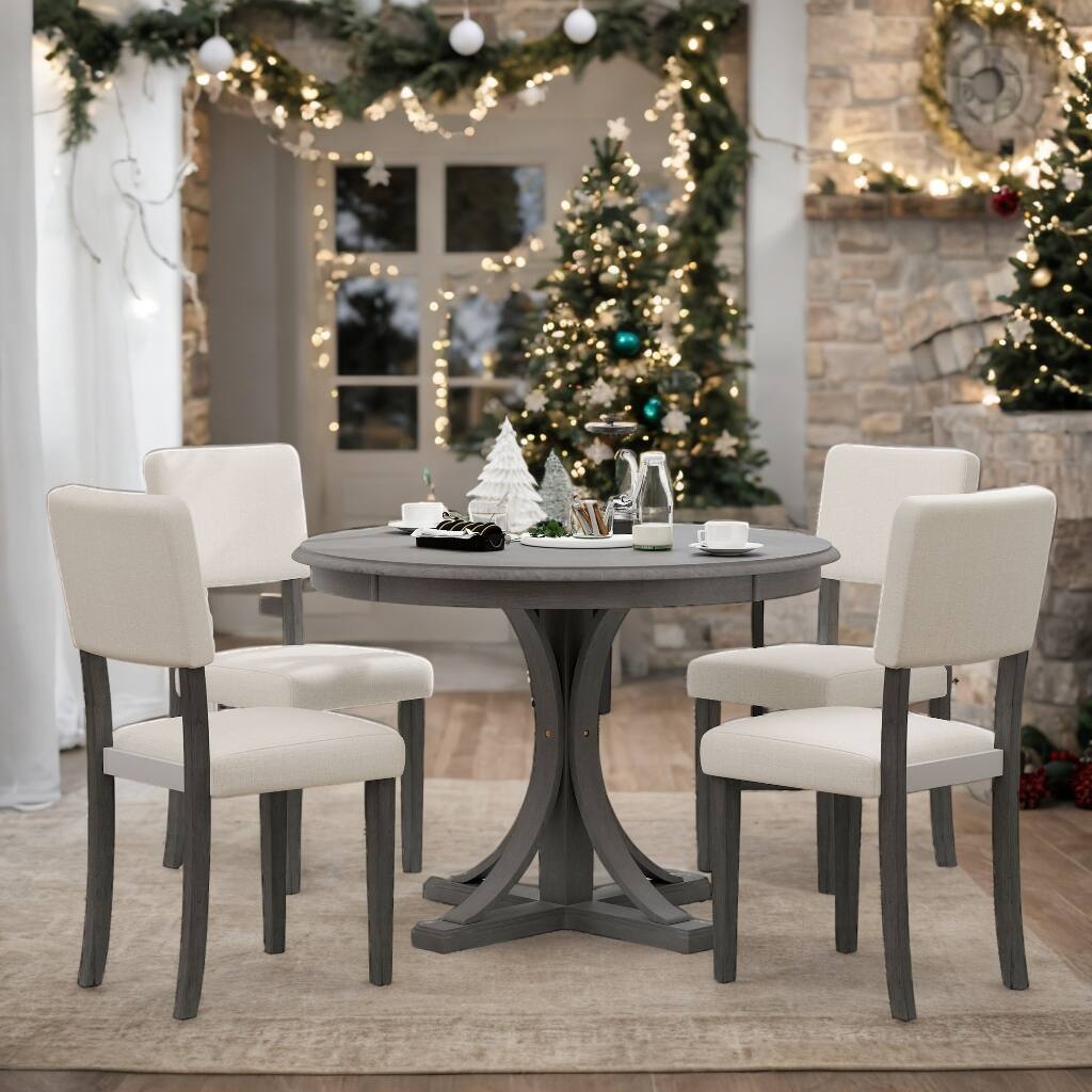 5-Piece Retro Round Dining Table Set with Curved Trestle Style Table Legs and 4 Upholstered Chairs for Dining Room