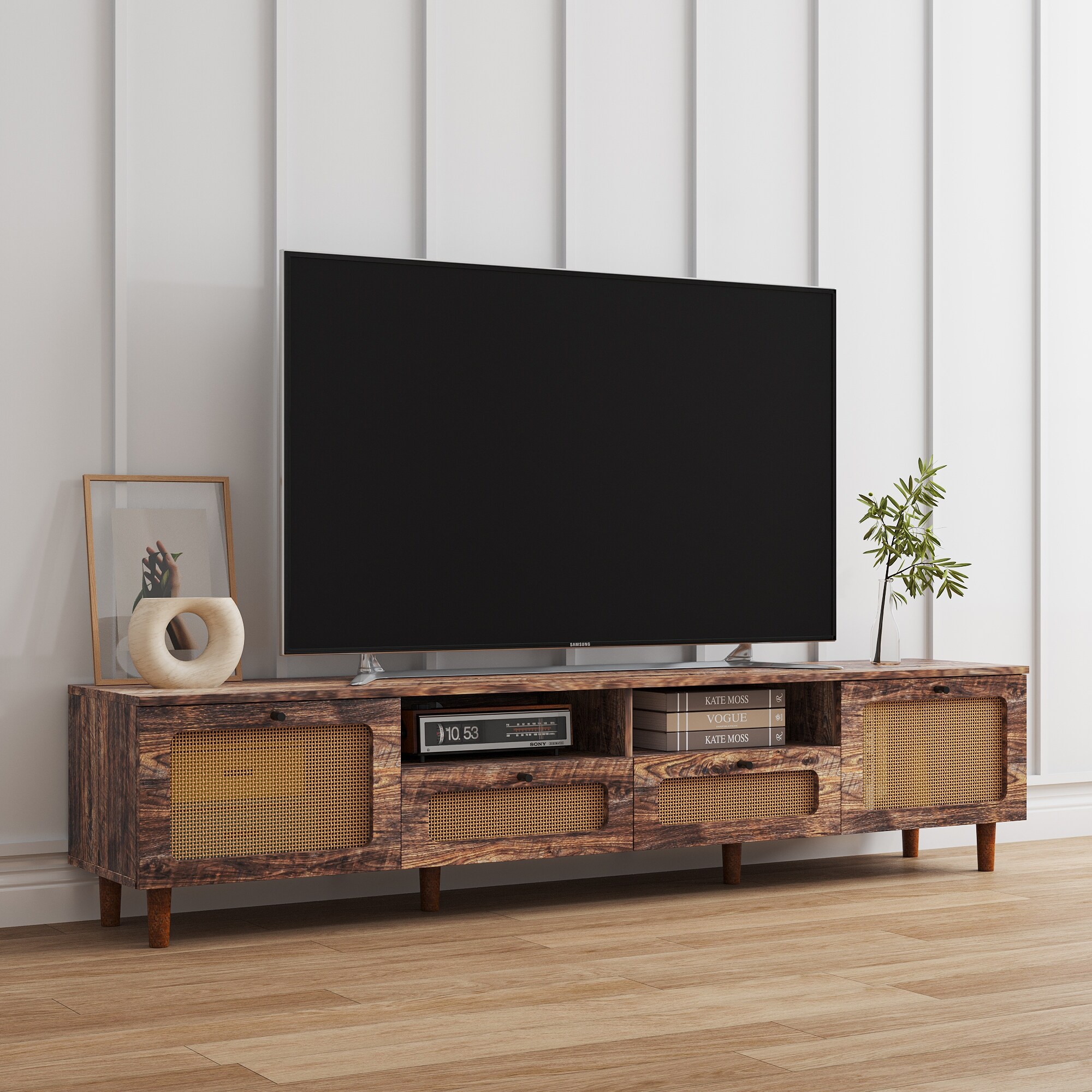 Wooden TV Cabinet with 2 Doors 2 Open Shelves Farmhouse Rustic