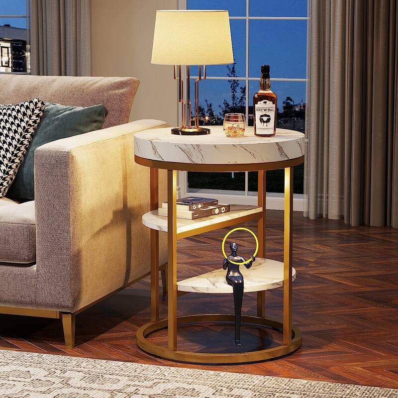 Round End Table, 3 Tiers Side Table with Storage for Living Room