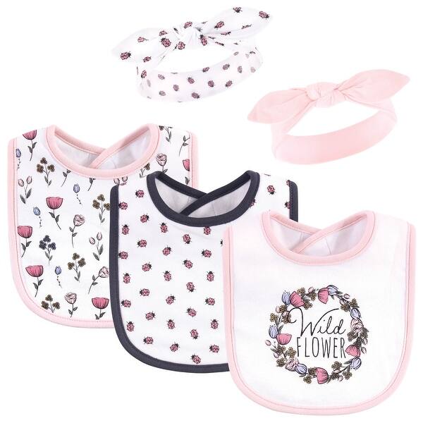 slide 1 of 1, Hudson Baby Infant Girl Cotton Bib and Headband Set 5pk, Wild Flower, One Size - Wild Flower - One Size One Size - Wild Flower