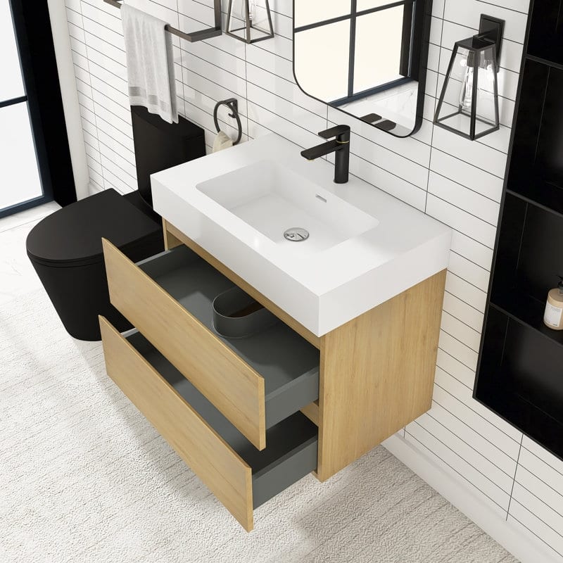 24/30/36 inch Wall-Mounted Bathroom Vanity Set in Oak with Integrated Resin Sink