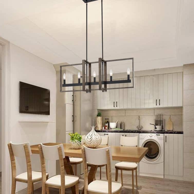 Farmhouse Wood Accent 5-light Geometric Linear Chandelier for Dining Room - 34 inches