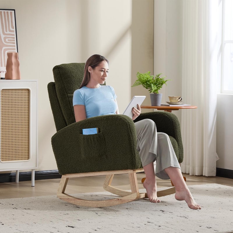 Solid Wood Modern Rocking Chair with High Back and Pocket - 29.5" D x 24.8" W x 40.9" H