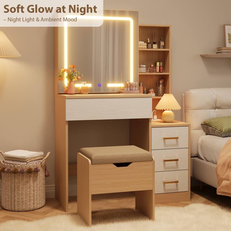 Modern Makeup Vanity with Sliding Mirror, 4 Drawers & 7 Shelves, 3 Light Colors, Charging Port & Stool Set